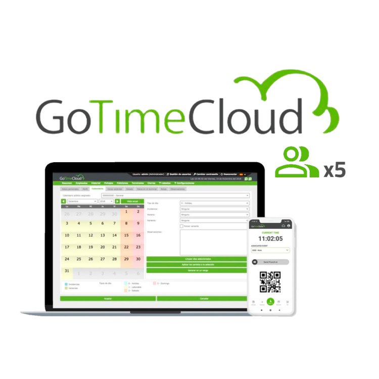 Software control de presencia ZKTeco ZK-GOTIMECLOUD-5 - 5 usuarios, 5 APPs, nube, GPS