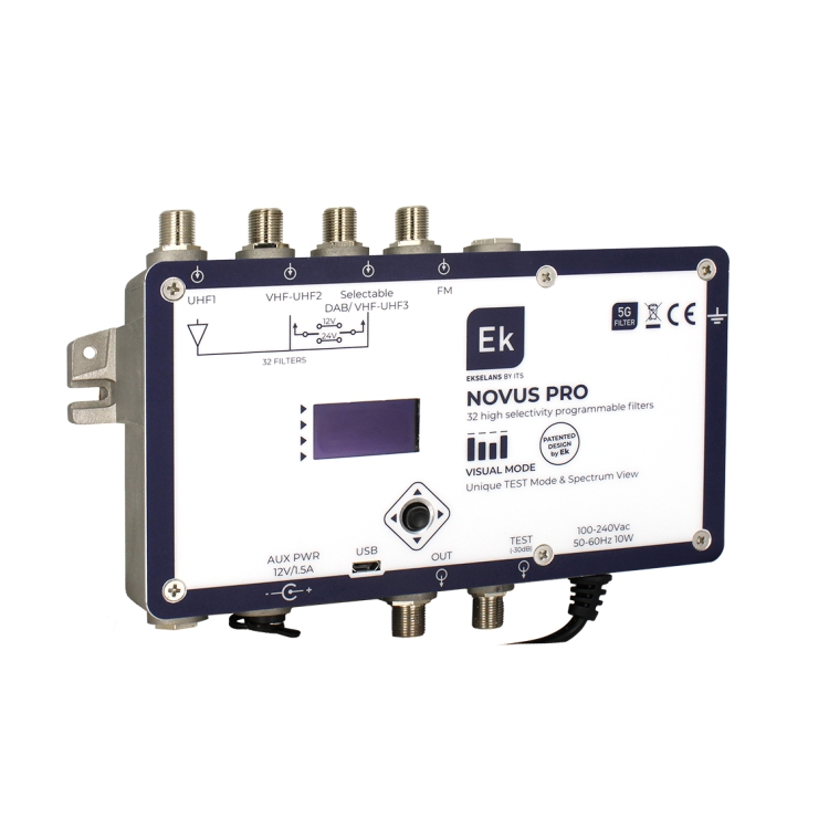 Central programable 32 filtros, 4 Entradas: x1 FM G: 28db x3 UHF G: 75dB, Salida UHF-TEST 124dBu