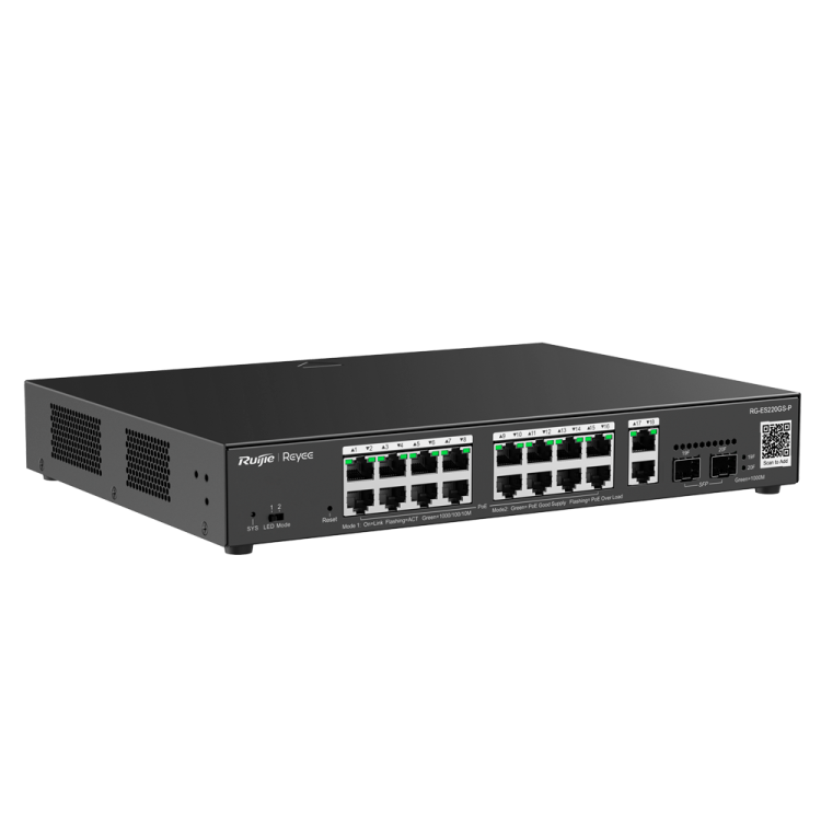 Switch Gestionable L2, 16 puertos Gigabit PoE 802.3af/at, 240W, x2 puertos SFP, x2 Gb,para rack 19"