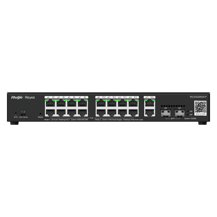 Switch Gestionable L2, 16 puertos Gigabit PoE 802.3af/at, 240W, x2 puertos SFP, x2 Gb,para rack 19"