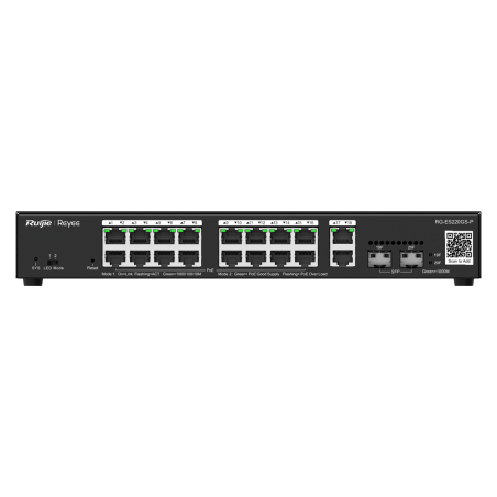 Switch Gestionable L2, 16 puertos Gigabit PoE 802.3af/at, 240W, x2 puertos SFP, x2 Gb,para rack 19"