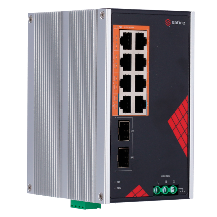 Switch Industrial de 8 puertos 10/100/1000 HIPOE 130W, x2 SFP Gigabit. DIN