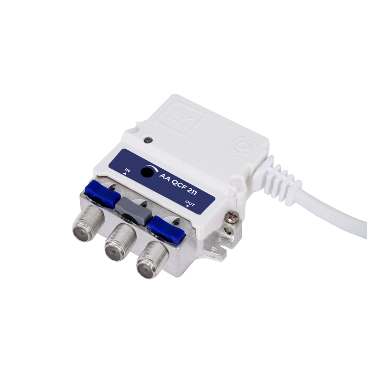 Micro amplificador Ekselans AA QCF 211 - 21 dB, 1 salida 114 dBµV, QuiCoax con conector F