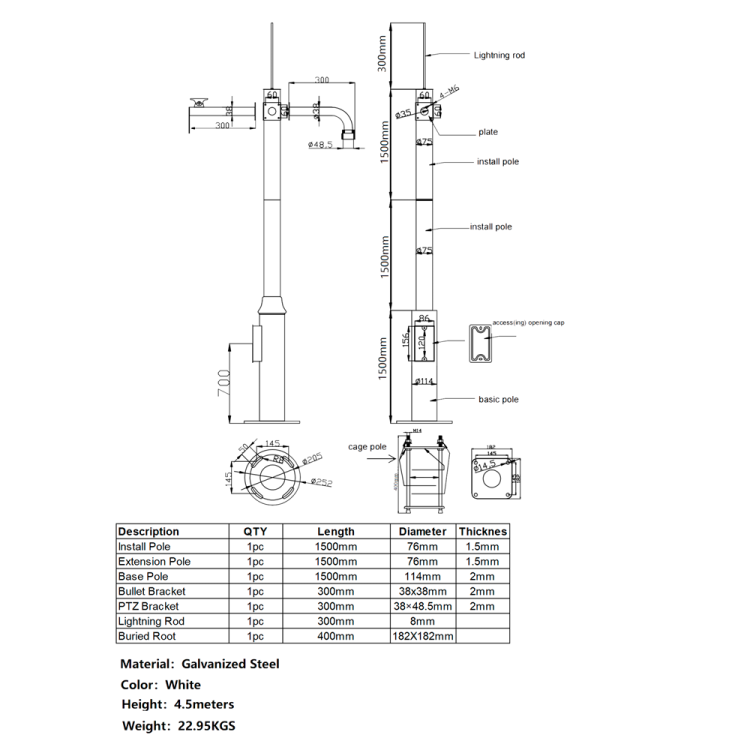 Poste CCTV metálico OEM POLE-450-D - 4.5 m de altura, montaje PTZ, Bullet y pararrayos
