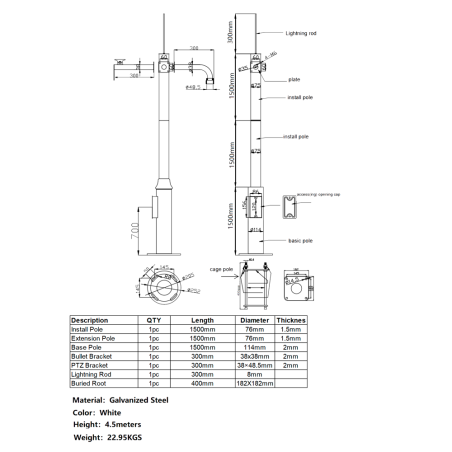 Poste CCTV metálico OEM POLE-450-D - 4.5 m de altura, montaje PTZ, Bullet y pararrayos