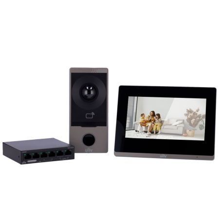 Kit videoportero IP Uniview UV-KIT/201S/372S/NSW2020 - 2MP, monitor 7", PoE, WiFi, lector MF