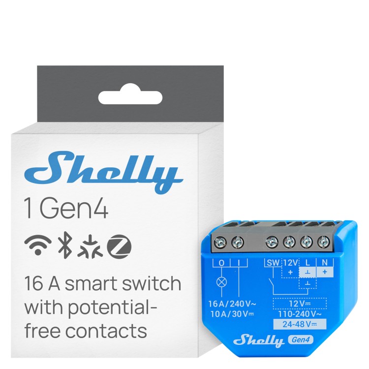 Relé inteligente Shelly 1 Gen4 - contacto seco, WiFi, Zigbee
