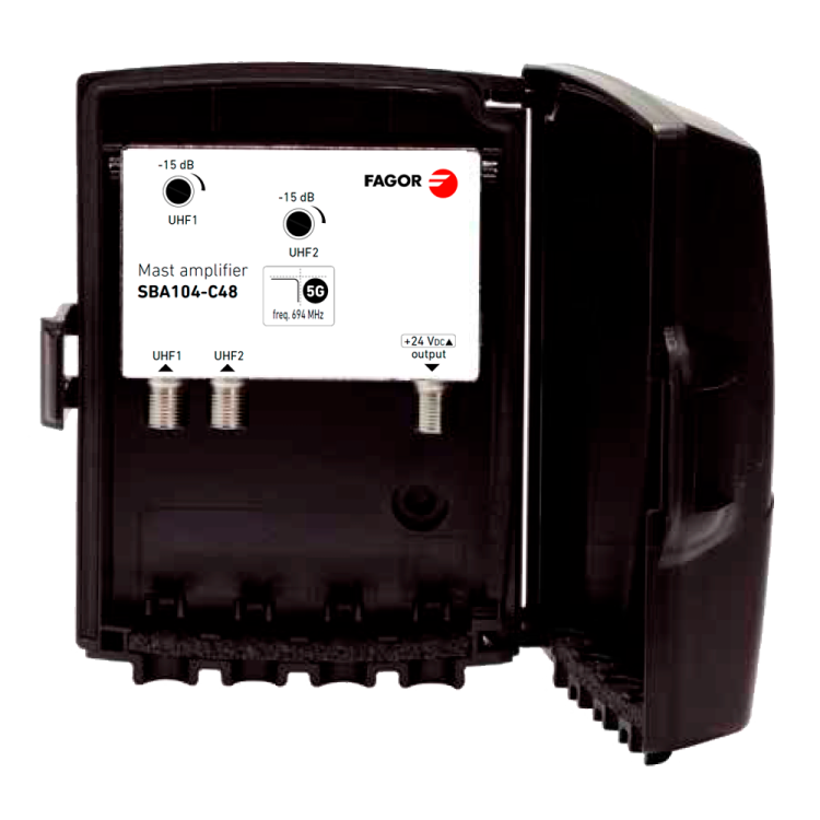 Amplificador de mástil SBA-104-C48, 2 Entradas. 2x UHF, 36dB, 105dBuV