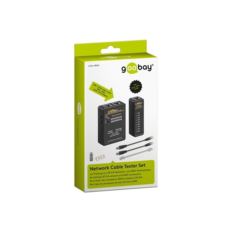 Tester para instalaciones de redes de datos en Cat5/6, RJ11 y RJ45, BNC y Coaxial e ISDN (Telefonía) con 8 indicadores LED