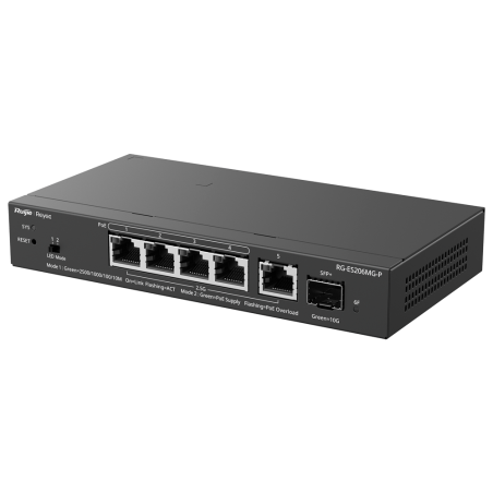 Switch gestionable Reyee RG-ES206MG-P - 5 puertos 2.5GbE, 4 PoE+, 1 SFP+ 10G, 70W, L2