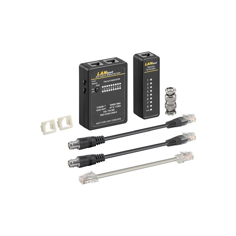 Tester para instalaciones de redes de datos en Cat5/6, RJ11 y RJ45, BNC y Coaxial e ISDN (Telefonía) con 8 indicadores LED