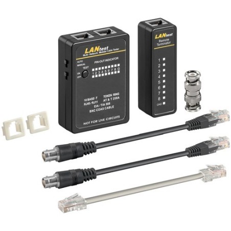 Tester para instalaciones de redes de datos en Cat5/6, RJ11 y RJ45, BNC y Coaxial e ISDN (Telefonía) con 8 indicadores LED
