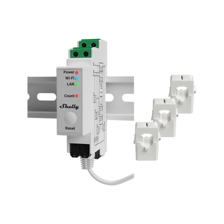 Medidor energía Shelly Pro 3EM 120A - trifásico, DIN, WiFi, LAN, Bluetooth