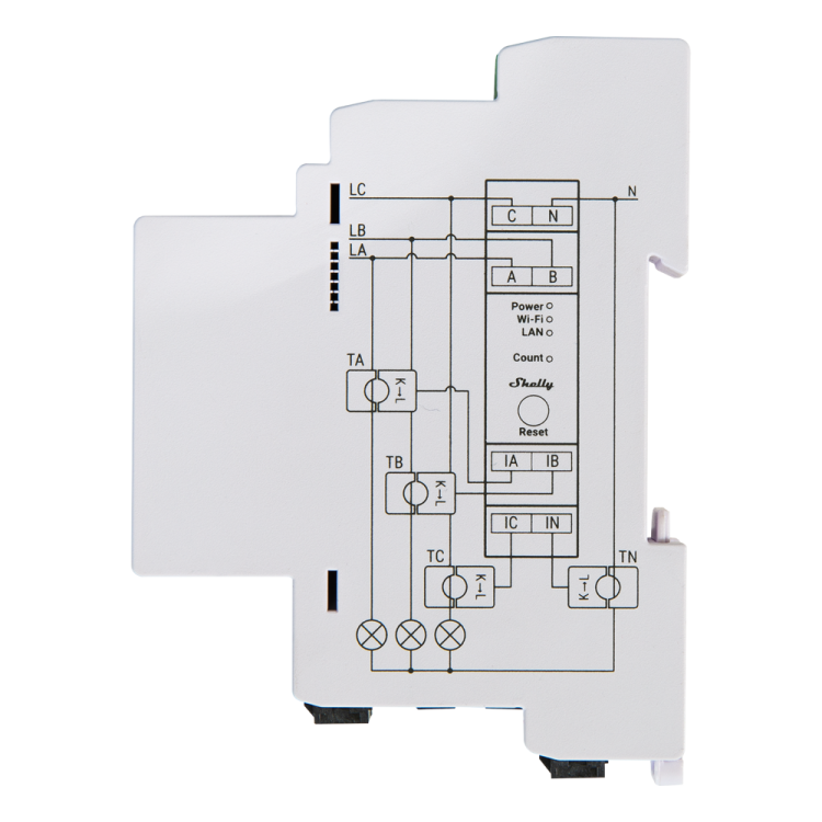 Medidor energía Shelly Pro 3EM 120A - trifásico, DIN, WiFi, LAN, Bluetooth