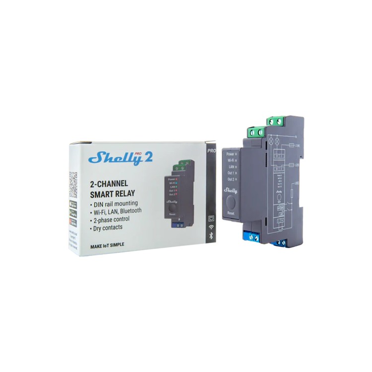 Relé inteligente Shelly Pro 2 - 2 canales, 16A, DIN, WiFi, LAN, Bluetooth