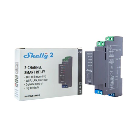 Relé inteligente Shelly Pro 2 - 2 canales, 16A, DIN, WiFi, LAN, Bluetooth