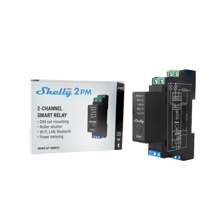 Relé inteligente Shelly Pro 2PM - 2 canales, 16A, medición, DIN, WiFi, LAN, Bluetooth
