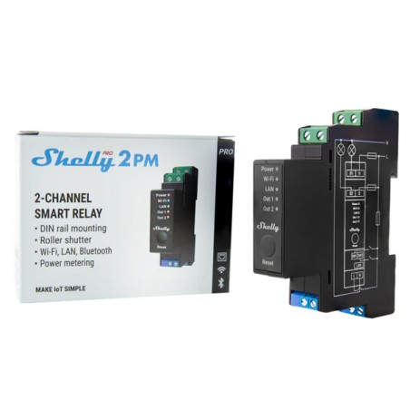 Relé inteligente Shelly Pro 2PM - 2 canales, 16A, medición, DIN, WiFi, LAN, Bluetooth