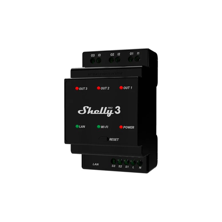 Relé inteligente Shelly Pro 3 - 3 canales, 16A, DIN, WiFi, LAN, Bluetooth