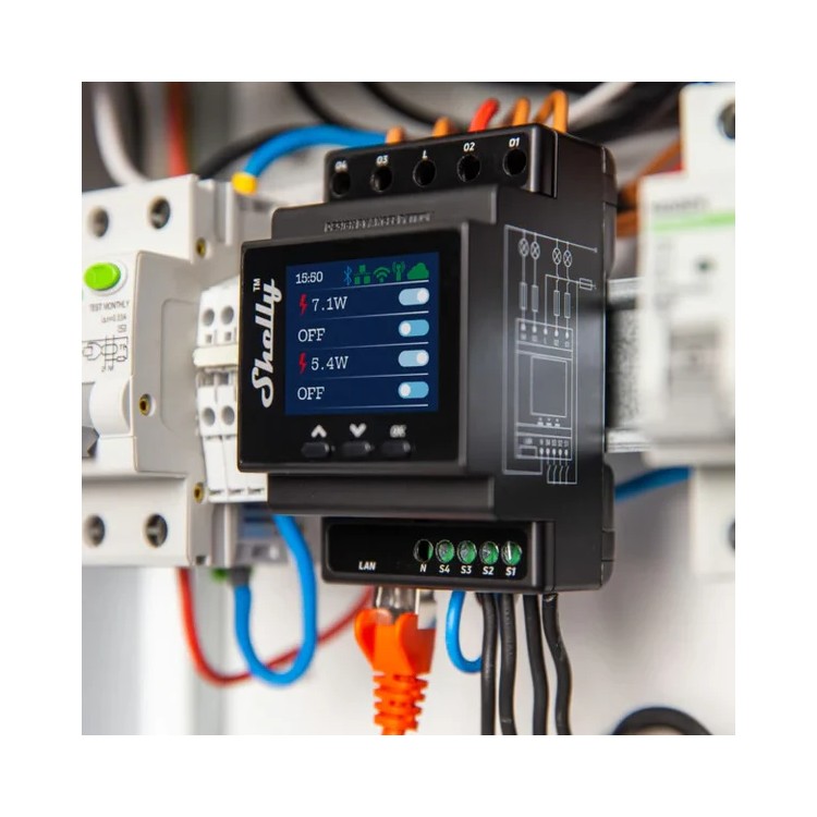Relé inteligente Shelly Pro 4PM - 4 canales, 16A, medición, DIN, WiFi, LAN, Bluetooth