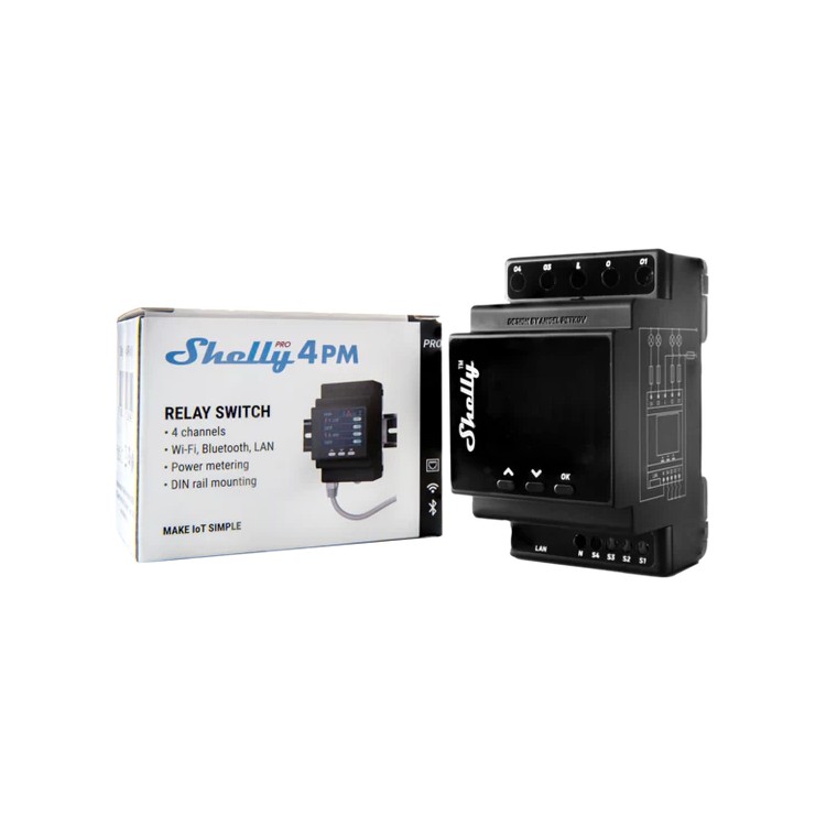 Relé inteligente Shelly Pro 4PM - 4 canales, 16A, medición, DIN, WiFi, LAN, Bluetooth
