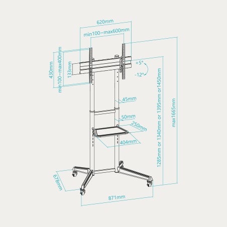 Soporte TV suelo con ruedas TooQ FS1170M-B - 37-70", VESA 100x100-600x400, 50 kg, altura regulable, negro