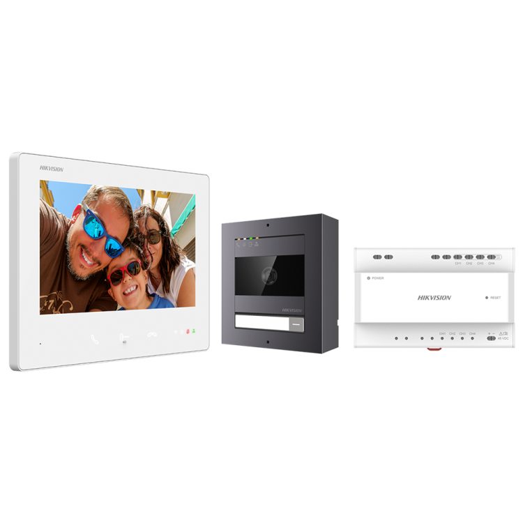 Kit videoportero 2 hilos Hikvision DS-KIS704EY - Pantalla 7", cámara 2MP, IP65, IK08, PoE. Aluminio