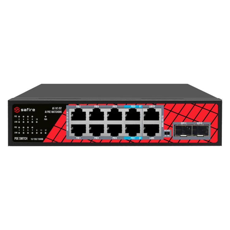 Switch PoE SAFIRE SF-SW1208HIPOE-GMF-120 - 120W