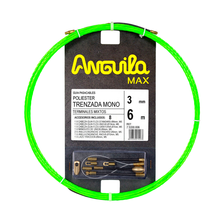 Guía pasa cables 6 metros y 3mm. Poliéster trenzado monofilamento. Terminales fijos con lazo. Color verde