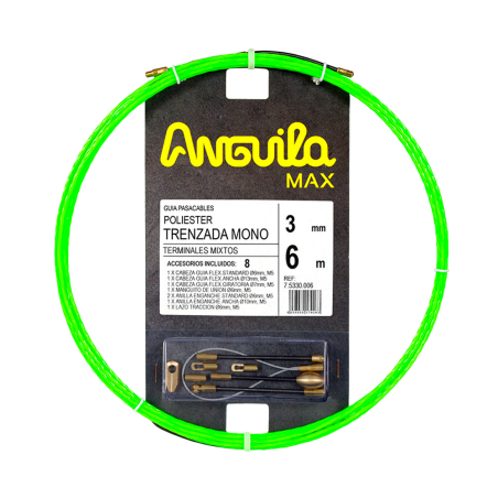 Guía pasa cables 6 metros y 3mm. Poliéster trenzado monofilamento. Terminales fijos con lazo. Color verde