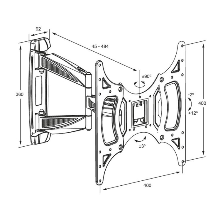 Soporte TV de pared 26-50", hasta 30kg, inclinación -2º a 12º y giro 180º, distancia de pared 45-480mm