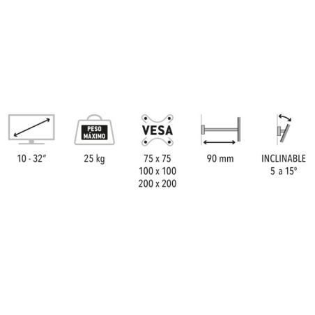 Soporte TV de pared 10-32", hasta 25kg, 5-15º, distancia pared 90mm